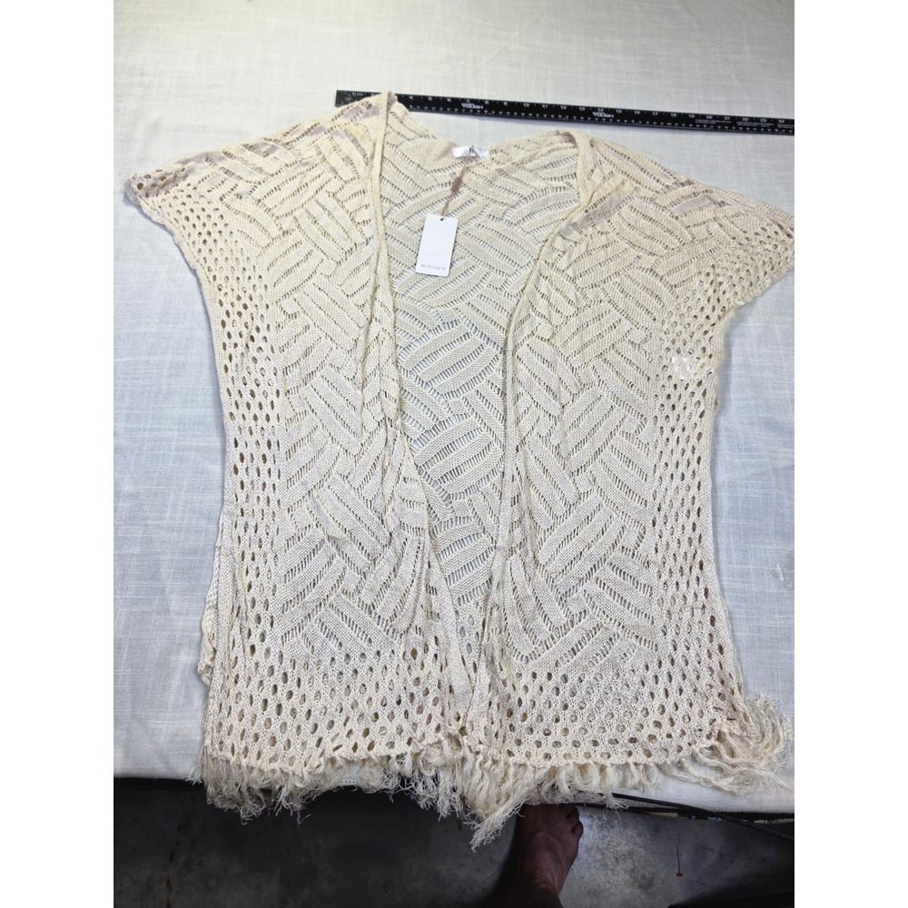 Hotouch Women Beige Crochet Open Front Cardigan Fringe Hem Boho Knit Wrap Small